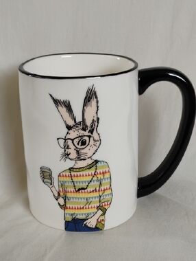 White Ceramic Hipster Bunny Graphic Mug with Black Handle Signature Housewares